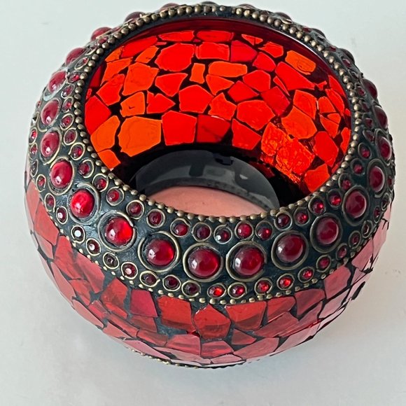 Radiant Elegance: Retro Mosaic Candle Holder / Vase with Brass & Rhinestone Trim - Picture 5 of 13